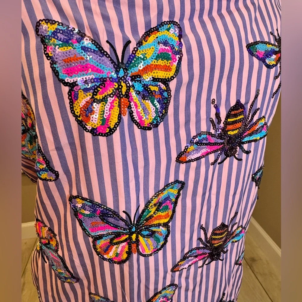 New! QUEEN OF SPARKLES Striped Sequin Butterfly & Bee Midi Dress